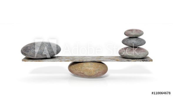 Picture of 3D rendering of balancing stones on wooden plank isolated on white background